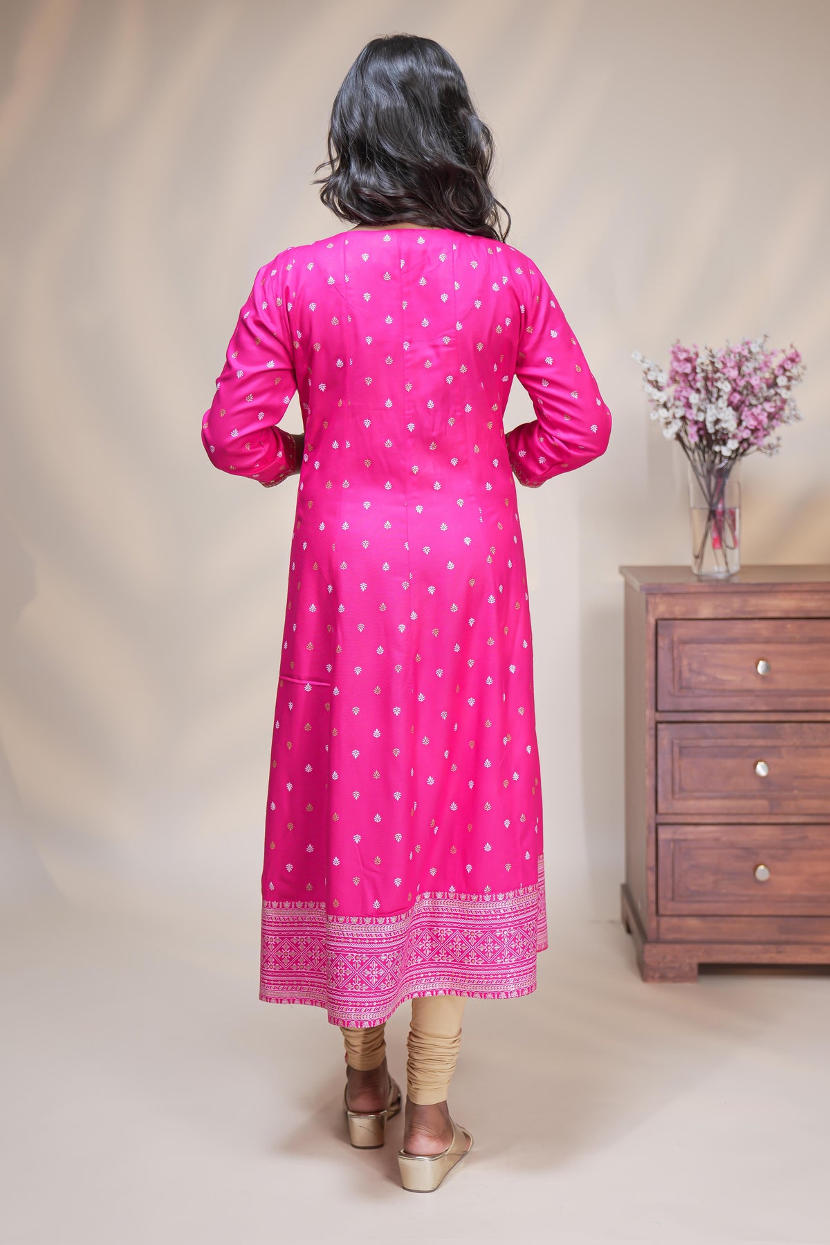 Pink straight anarkali kurti with embroidered yoke, ethnic motifs and 3/4 sleeves