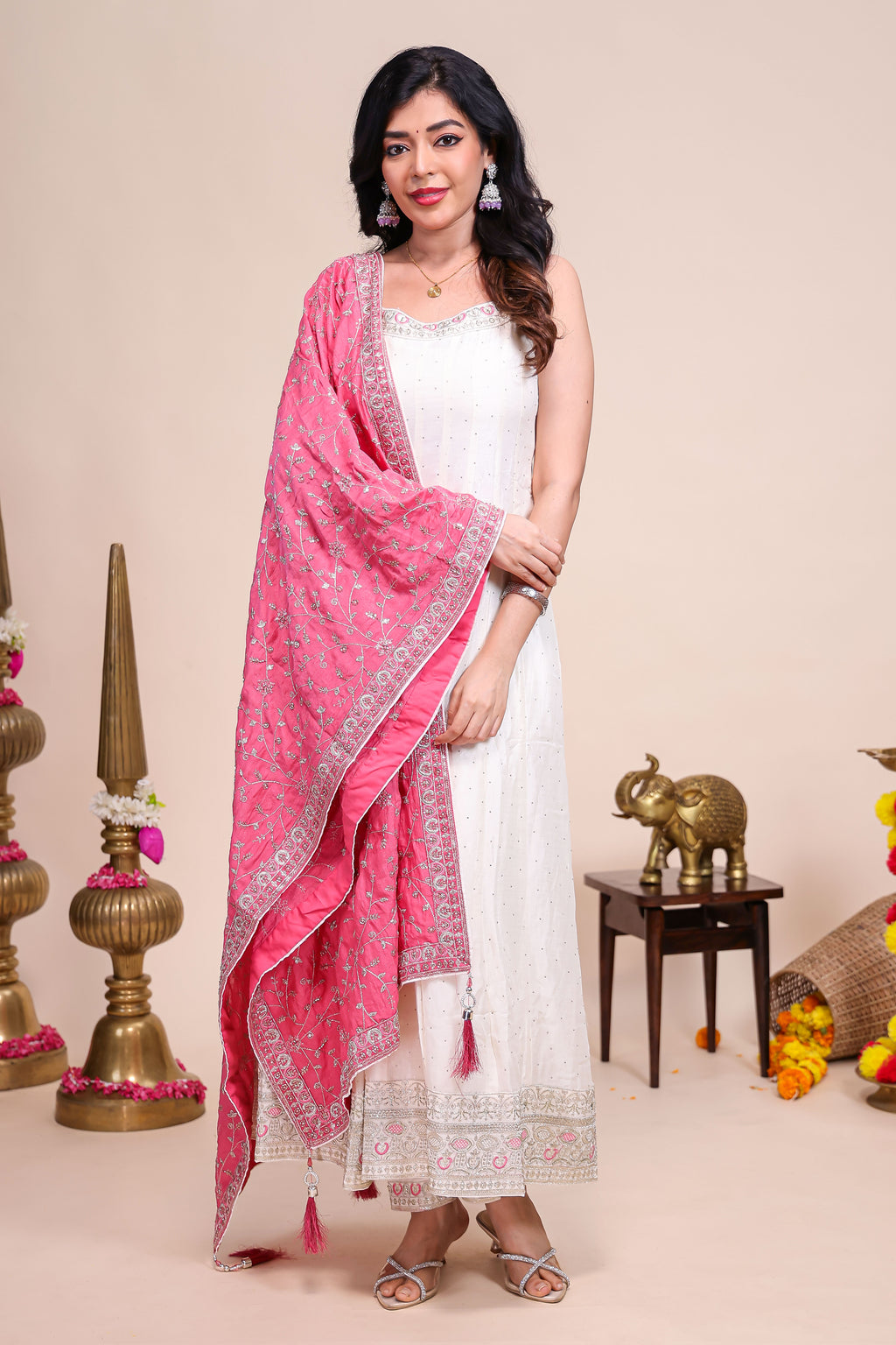 White shade stone work Anarkali kutri with floral designed shawl and matching pant