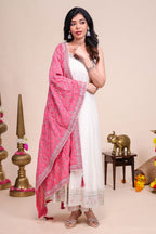 White shade stone work Anarkali kutri with floral designed shawl and matching pant