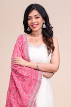White shade stone work Anarkali kutri with floral designed shawl and matching pant