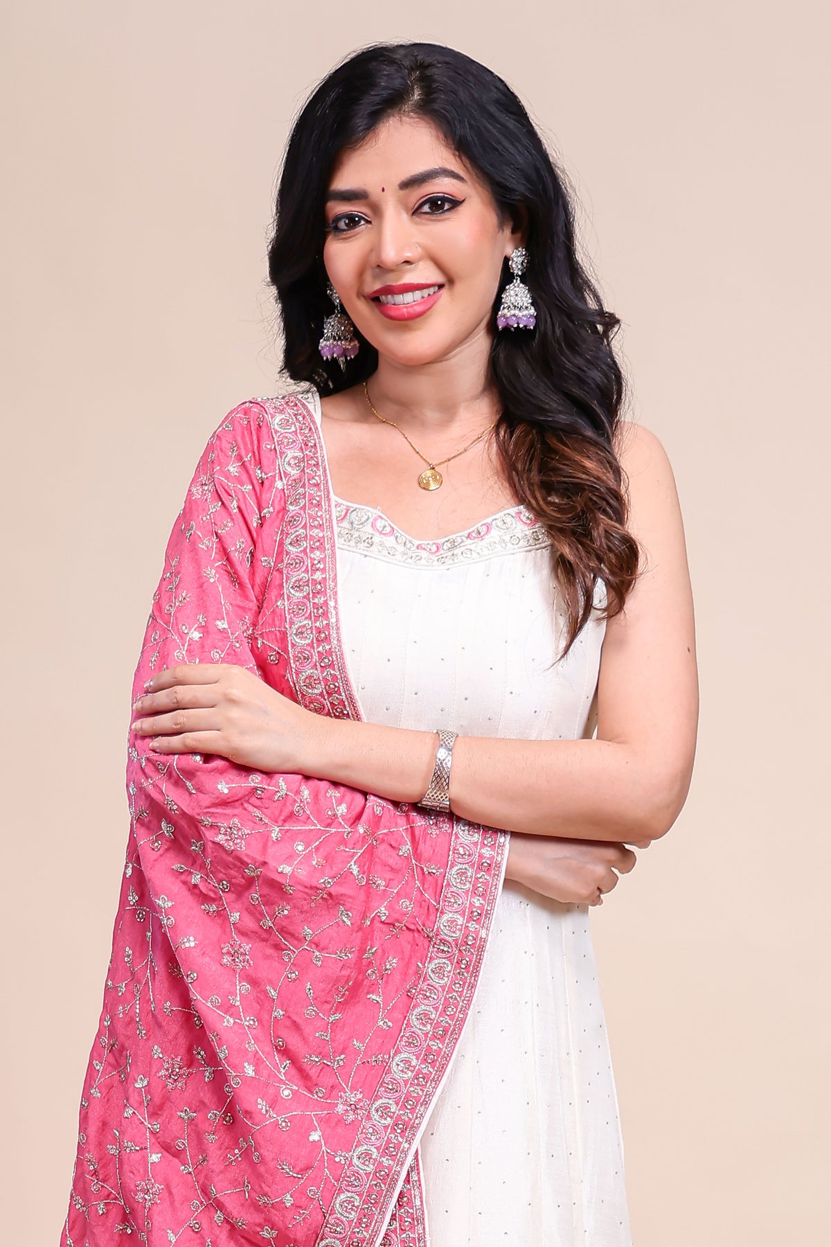 White shade stone work Anarkali kutri with floral designed shawl and matching pant