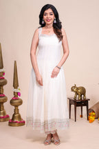 White shade stone work Anarkali kutri with floral designed shawl and matching pant