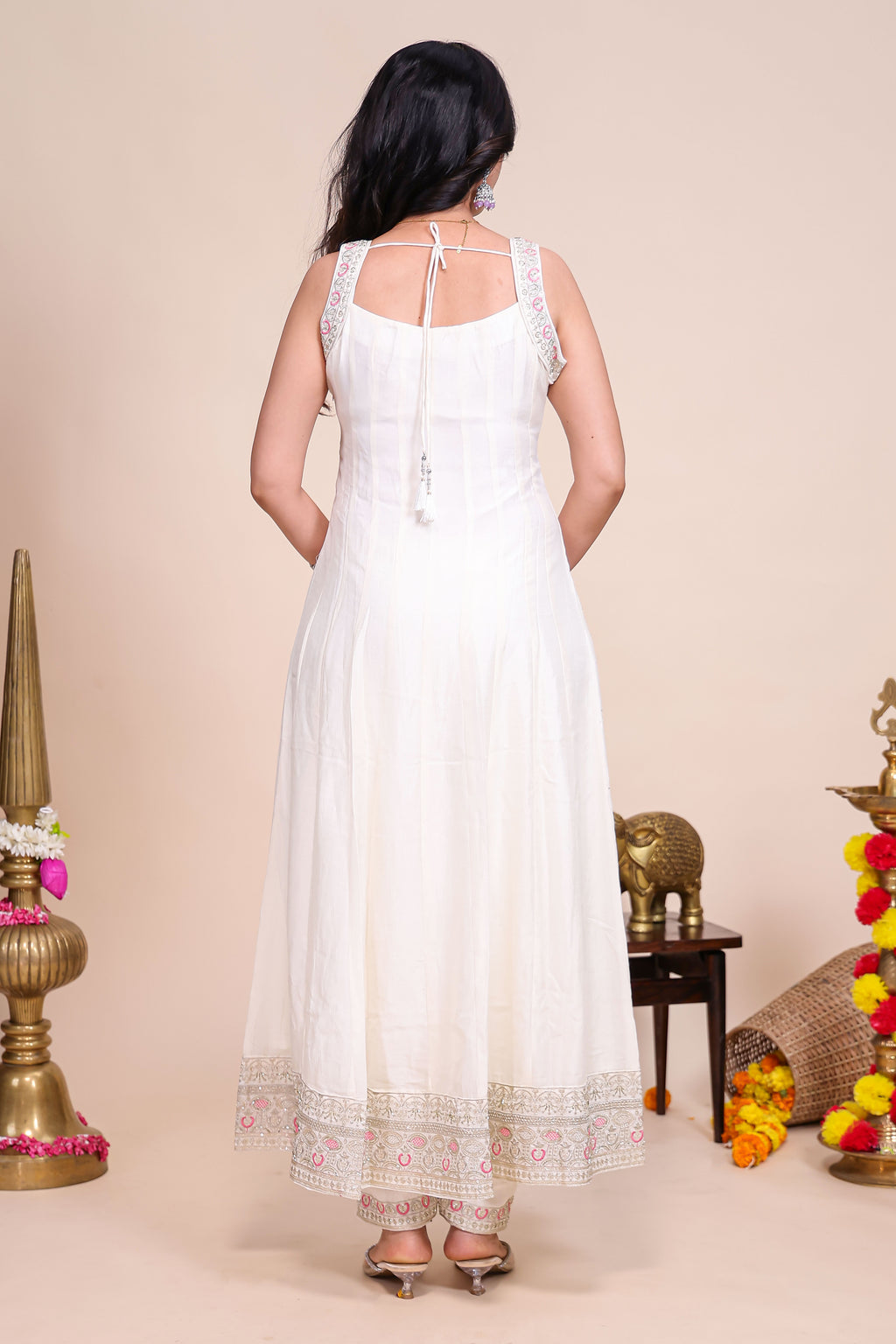 White shade stone work Anarkali kutri with floral designed shawl and matching pant
