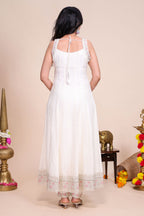 White shade stone work Anarkali kutri with floral designed shawl and matching pant