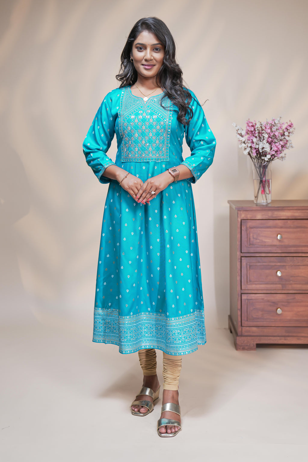 Blue straight anarkali kurti with embroidered yoke, ethnic motifs and 3/4 sleeves