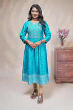 Blue straight anarkali kurti with embroidered yoke, ethnic motifs and 3/4 sleeves