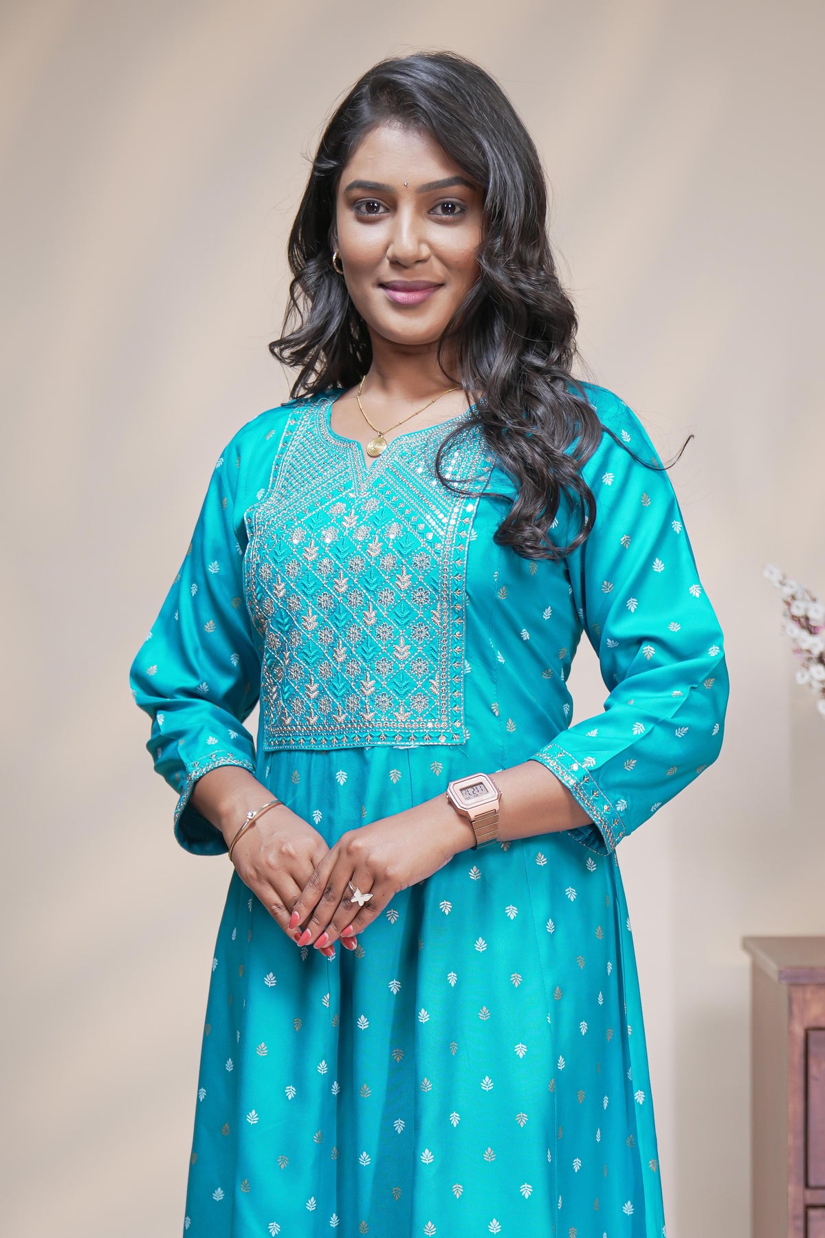 Blue straight anarkali kurti with embroidered yoke, ethnic motifs and 3/4 sleeves