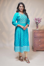 Blue straight anarkali kurti with embroidered yoke, ethnic motifs and 3/4 sleeves