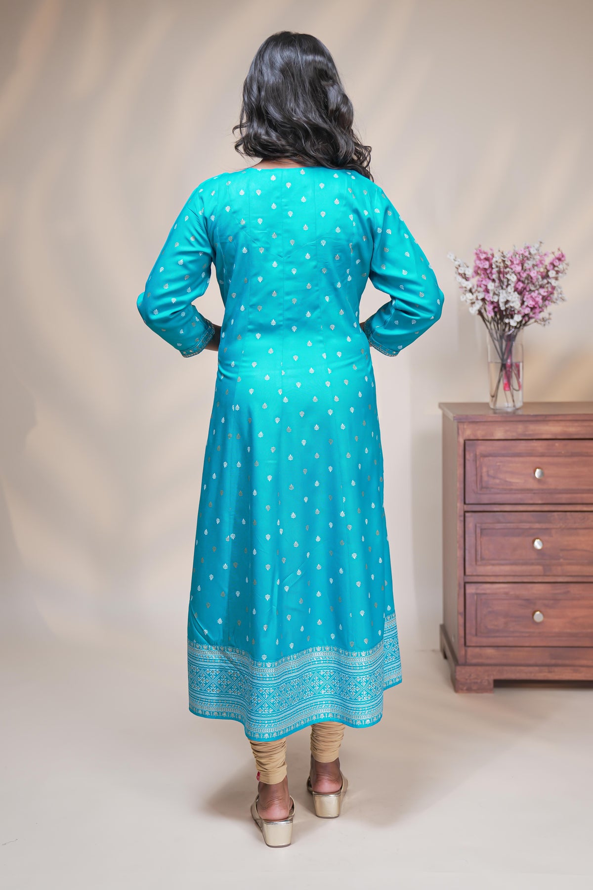 Blue straight anarkali kurti with embroidered yoke, ethnic motifs and 3/4 sleeves