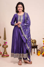 Purple shade stone work Anarkali kutri with floral designed shawl and matching pant