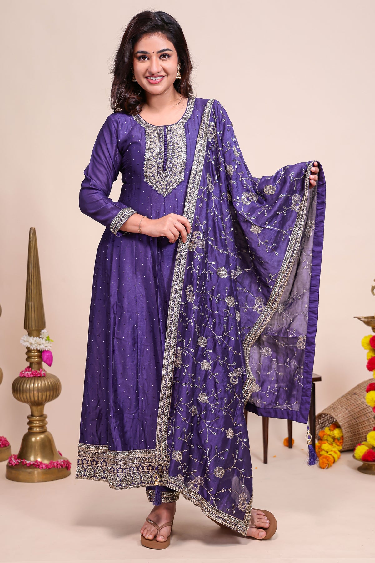 Purple shade stone work Anarkali kutri with floral designed shawl and matching pant