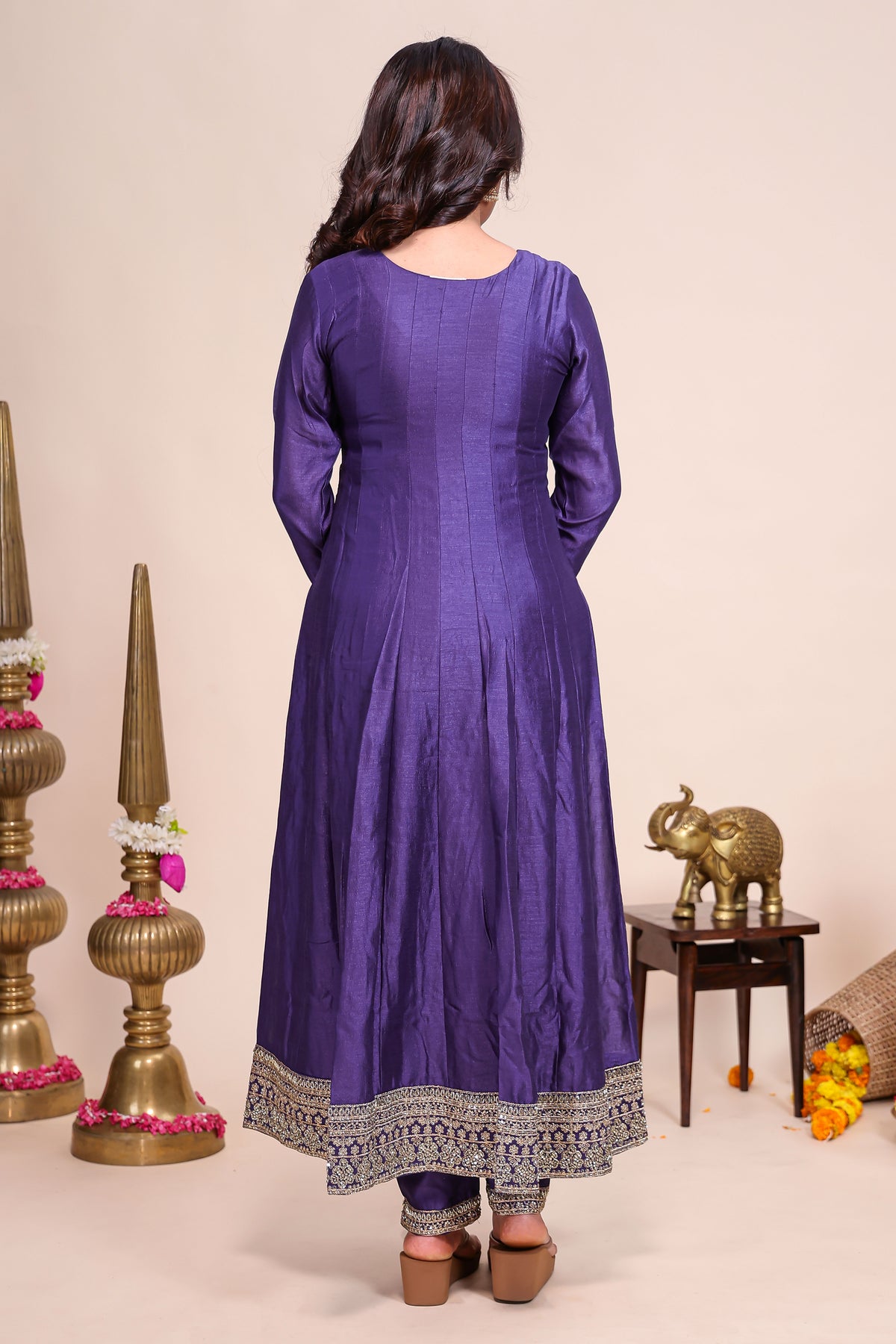 Purple shade stone work Anarkali kutri with floral designed shawl and matching pant