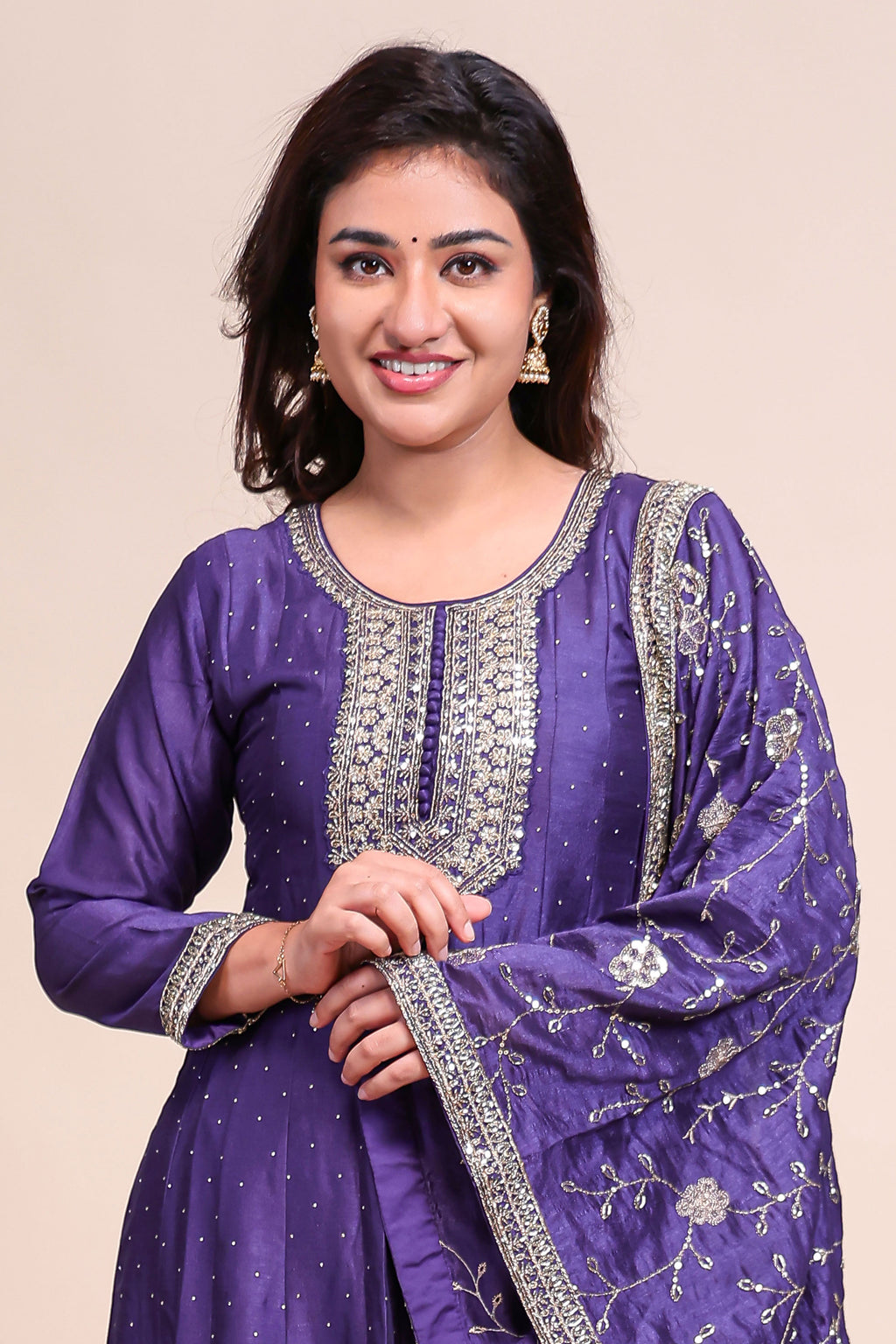 Purple shade stone work Anarkali kutri with floral designed shawl and matching pant