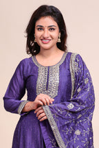 Purple shade stone work Anarkali kutri with floral designed shawl and matching pant