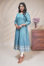 Powder blue straight anarkali kurti with embroidered yoke, ethnic motifs and 3/4 sleeves
