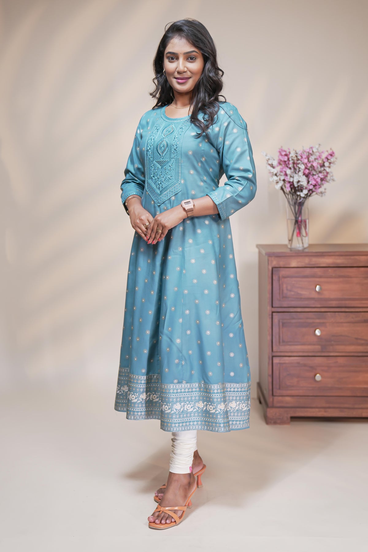 Powder blue straight anarkali kurti with embroidered yoke, ethnic motifs and 3/4 sleeves