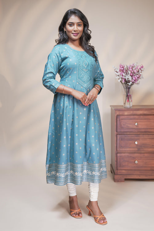 Powder blue straight anarkali kurti with embroidered yoke, ethnic motifs and 3/4 sleeves