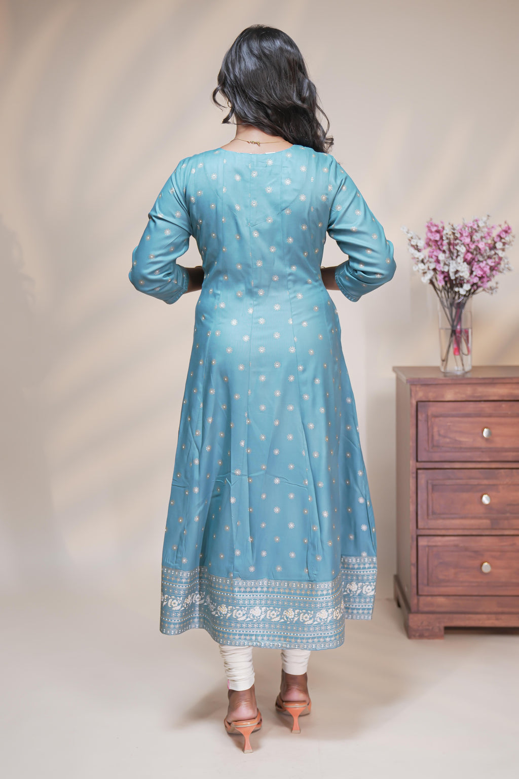 Powder blue straight anarkali kurti with embroidered yoke, ethnic motifs and 3/4 sleeves