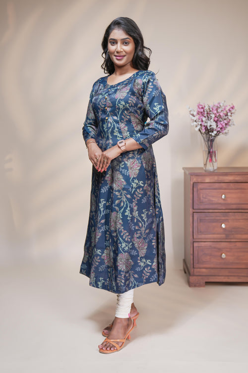 Teal blue straight anarkali kurti with floral design, round neck and 3/4 sleeves