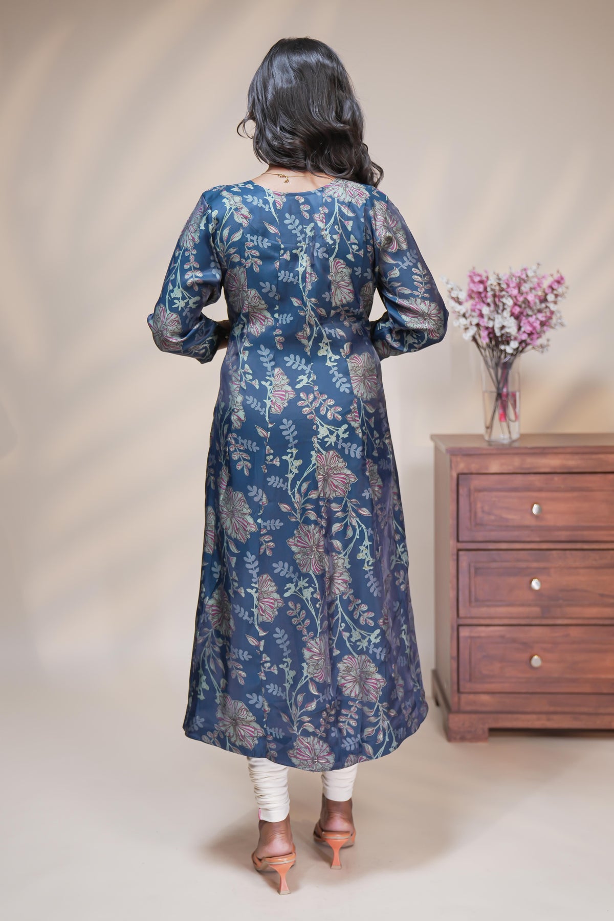Teal blue straight anarkali kurti with floral design, round neck and 3/4 sleeves