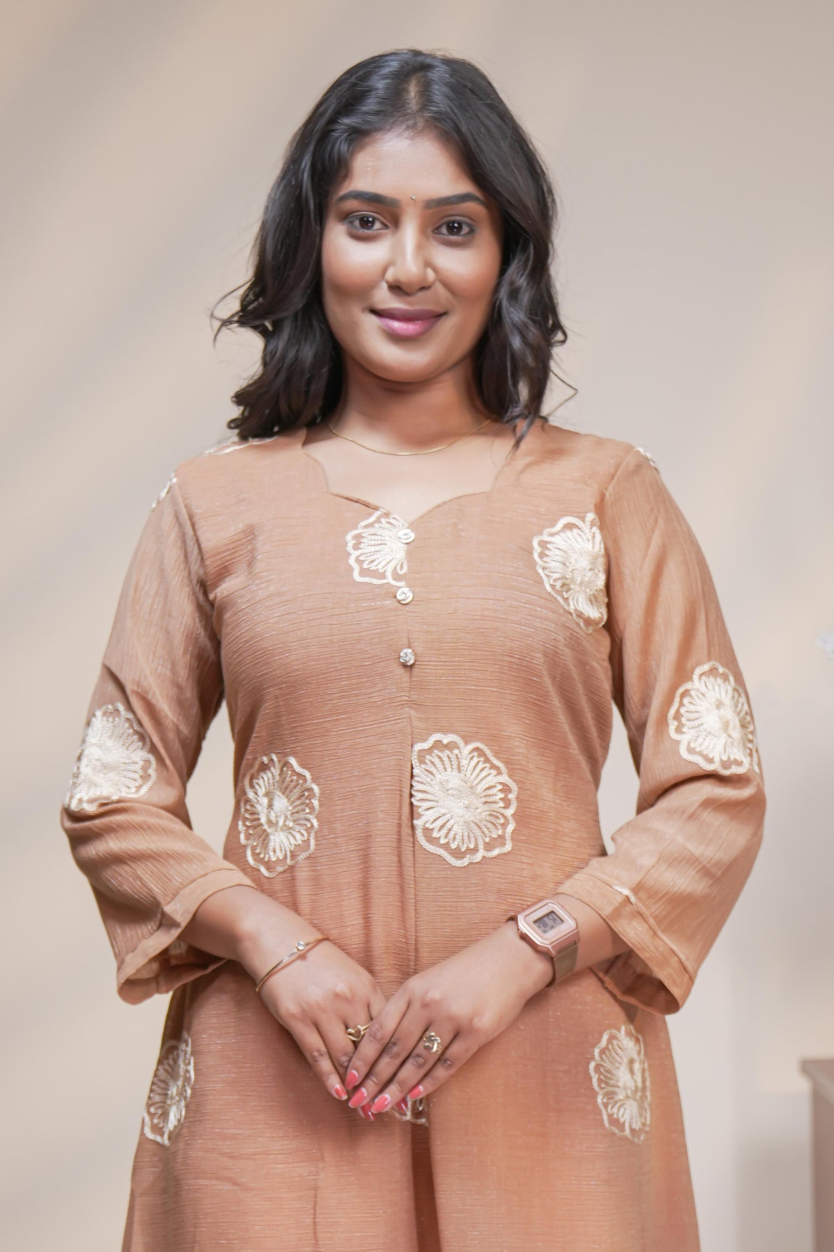 Beige straight anarkali kurti with floral design, round neck and 3/4 sleeves