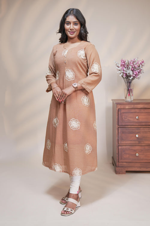Beige straight anarkali kurti with floral design, round neck and 3/4 sleeves