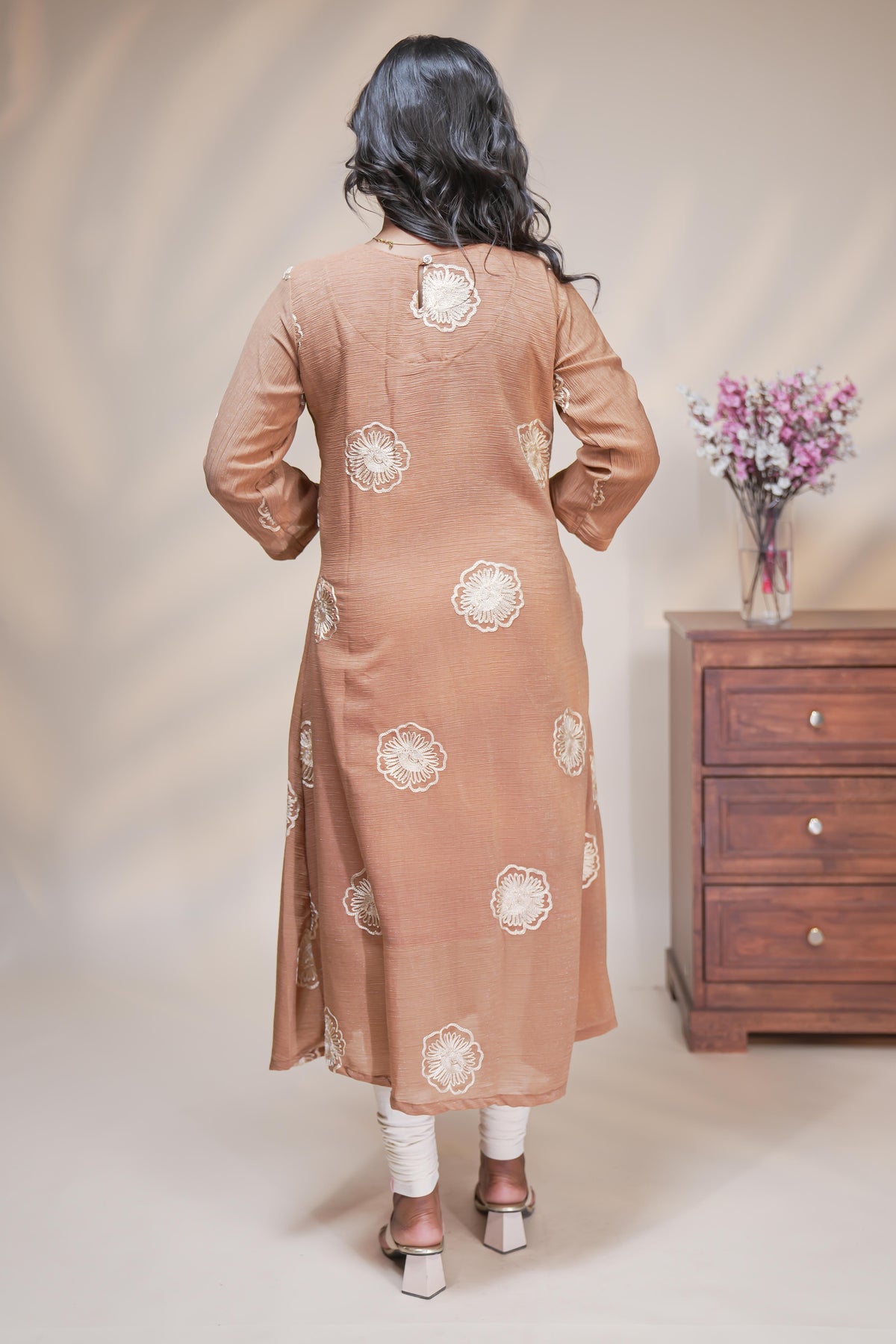 Beige straight anarkali kurti with floral design, round neck and 3/4 sleeves