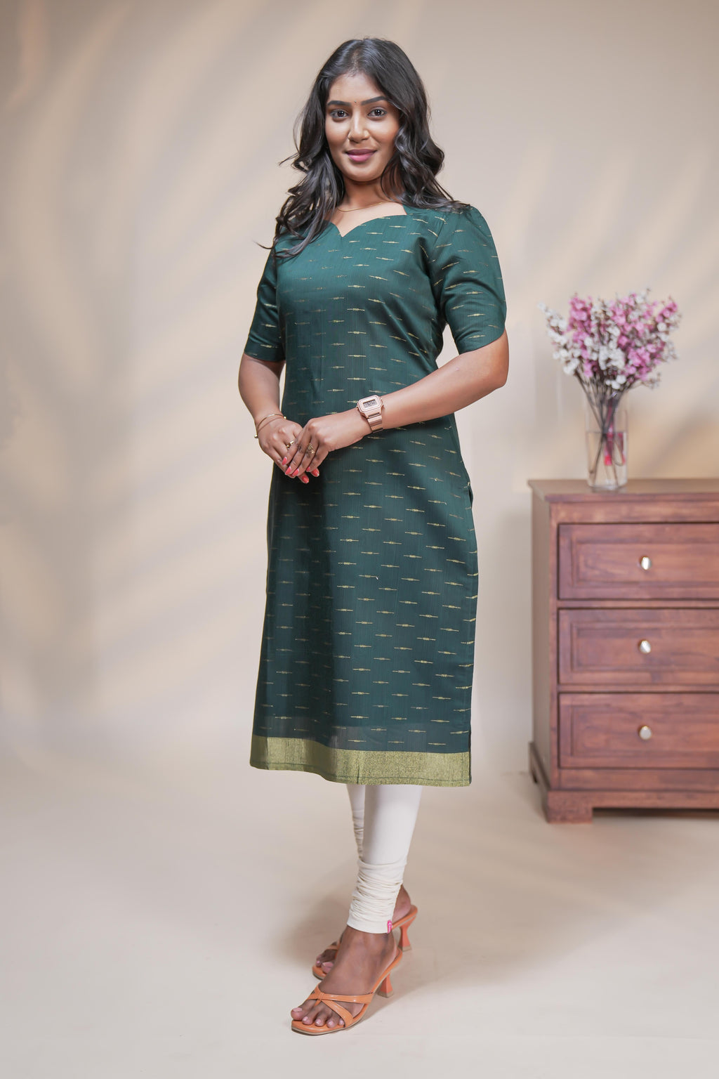 Green cotton straight kurti motifs design with half slevee and sweatheart neck