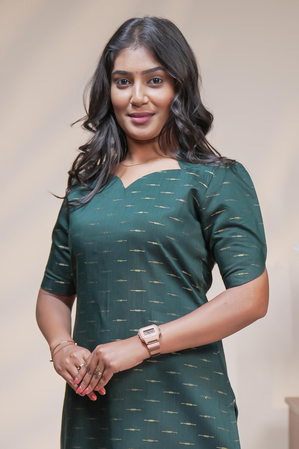 Green cotton straight kurti motifs design with half slevee and sweatheart neck