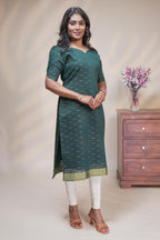 Green cotton straight kurti motifs design with half slevee and sweatheart neck