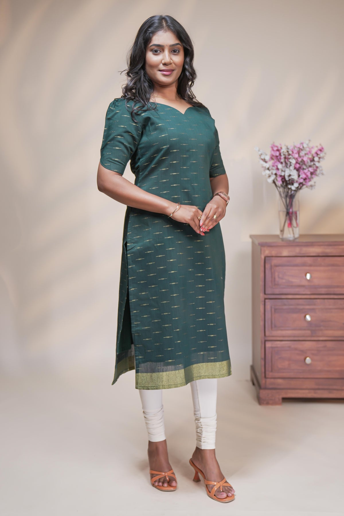 Green cotton straight kurti motifs design with half slevee and sweatheart neck