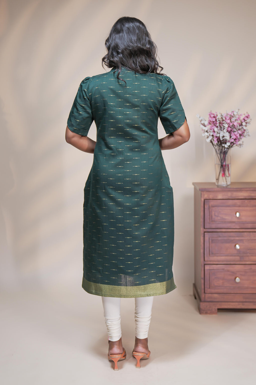 Green cotton straight kurti motifs design with half slevee and sweatheart neck