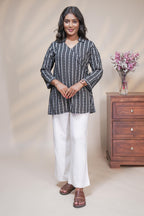 Black striped floral design short kurti with full sleeve collar neck