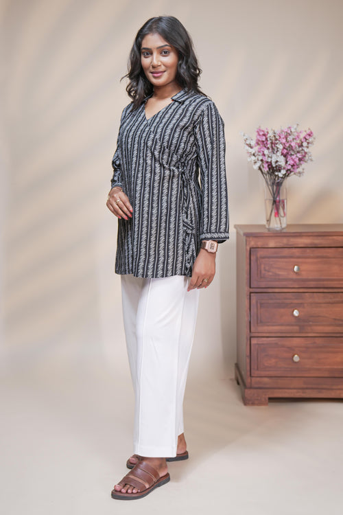 Black striped floral design short kurti with full sleeve collar neck