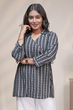 Black striped floral design short kurti with full sleeve collar neck