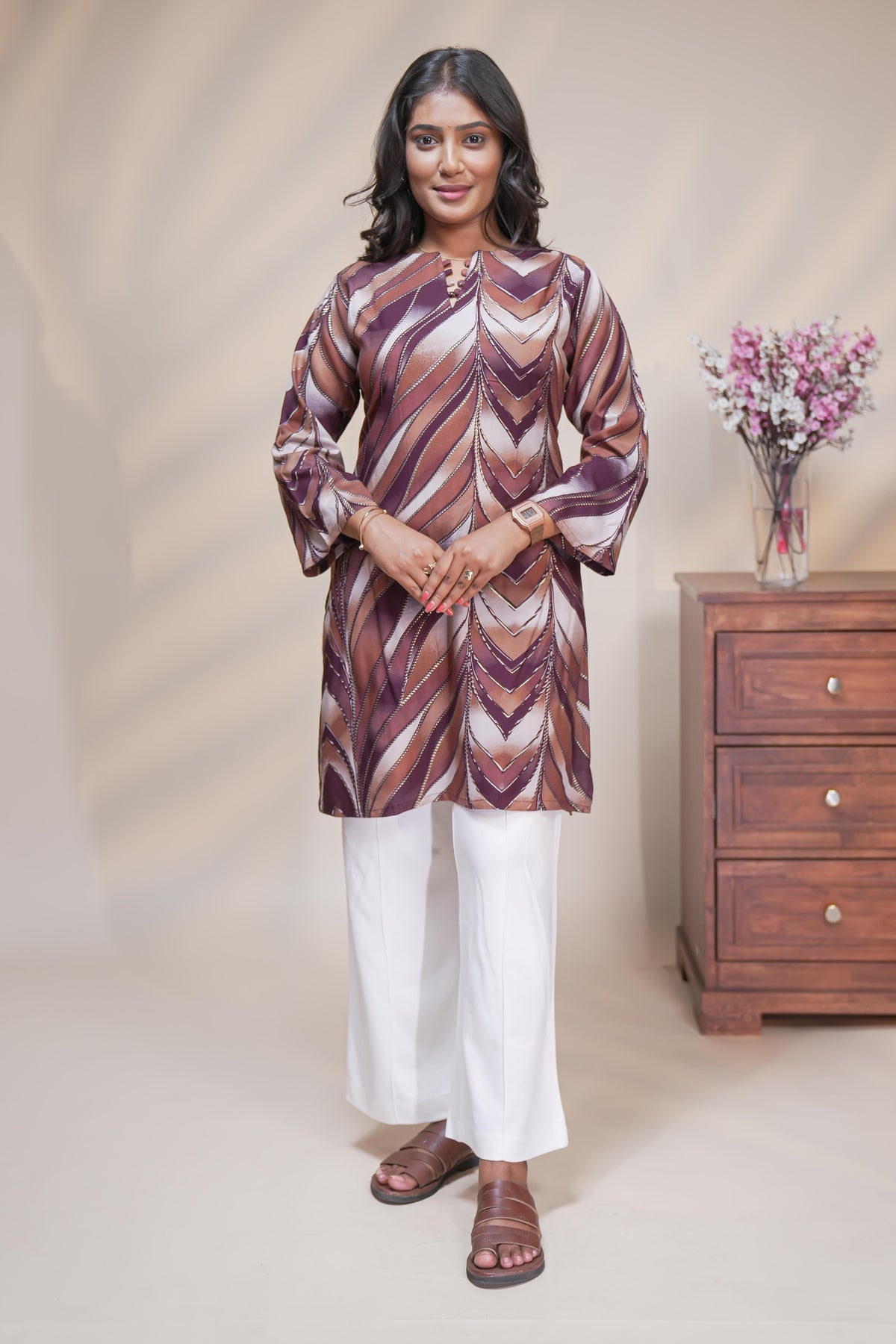 Brown Abstract Chevron Printed Short Kurti with Notched round neckline and 3/4 sleeves