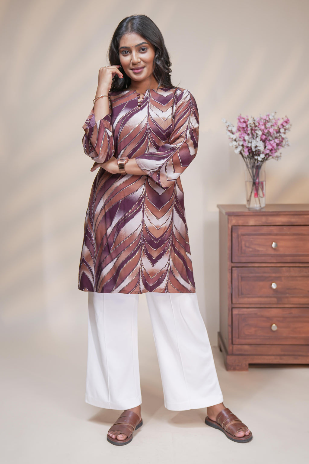Brown Abstract Chevron Printed Short Kurti with Notched round neckline and 3/4 sleeves