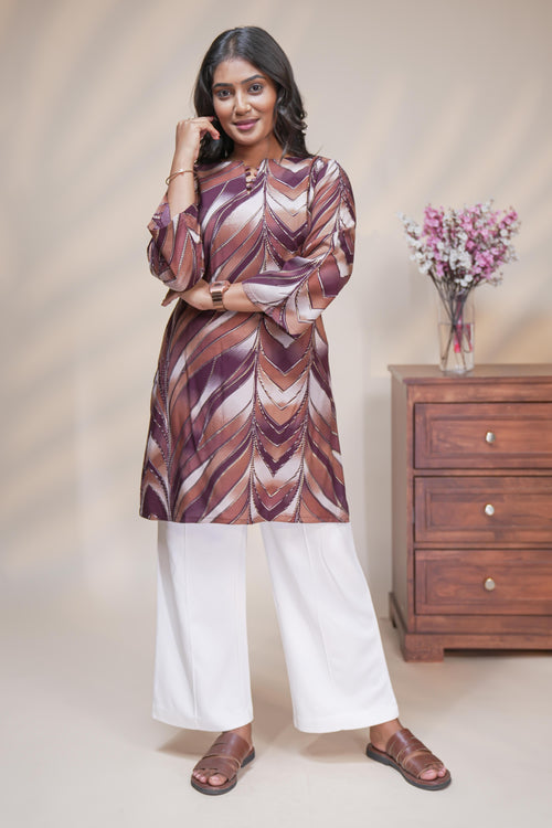 Brown Abstract Chevron Printed Short Kurti with Notched round neckline and 3/4 sleeves