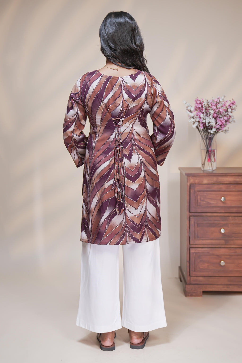 Brown Abstract Chevron Printed Short Kurti with Notched round neckline and 3/4 sleeves