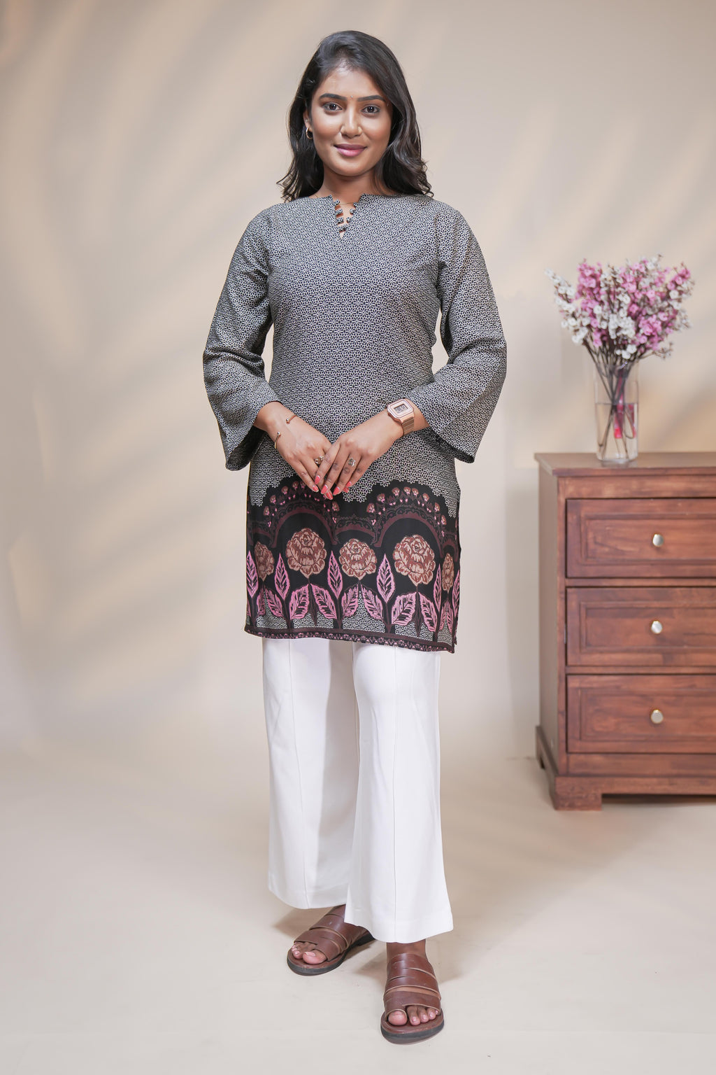 Black floral Printed Short Kurti with Notched round neckline and 3/4 sleeves
