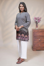 Black floral Printed Short Kurti with Notched round neckline and 3/4 sleeves