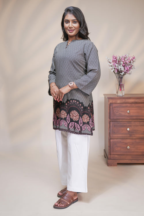 Black floral Printed Short Kurti with Notched round neckline and 3/4 sleeves