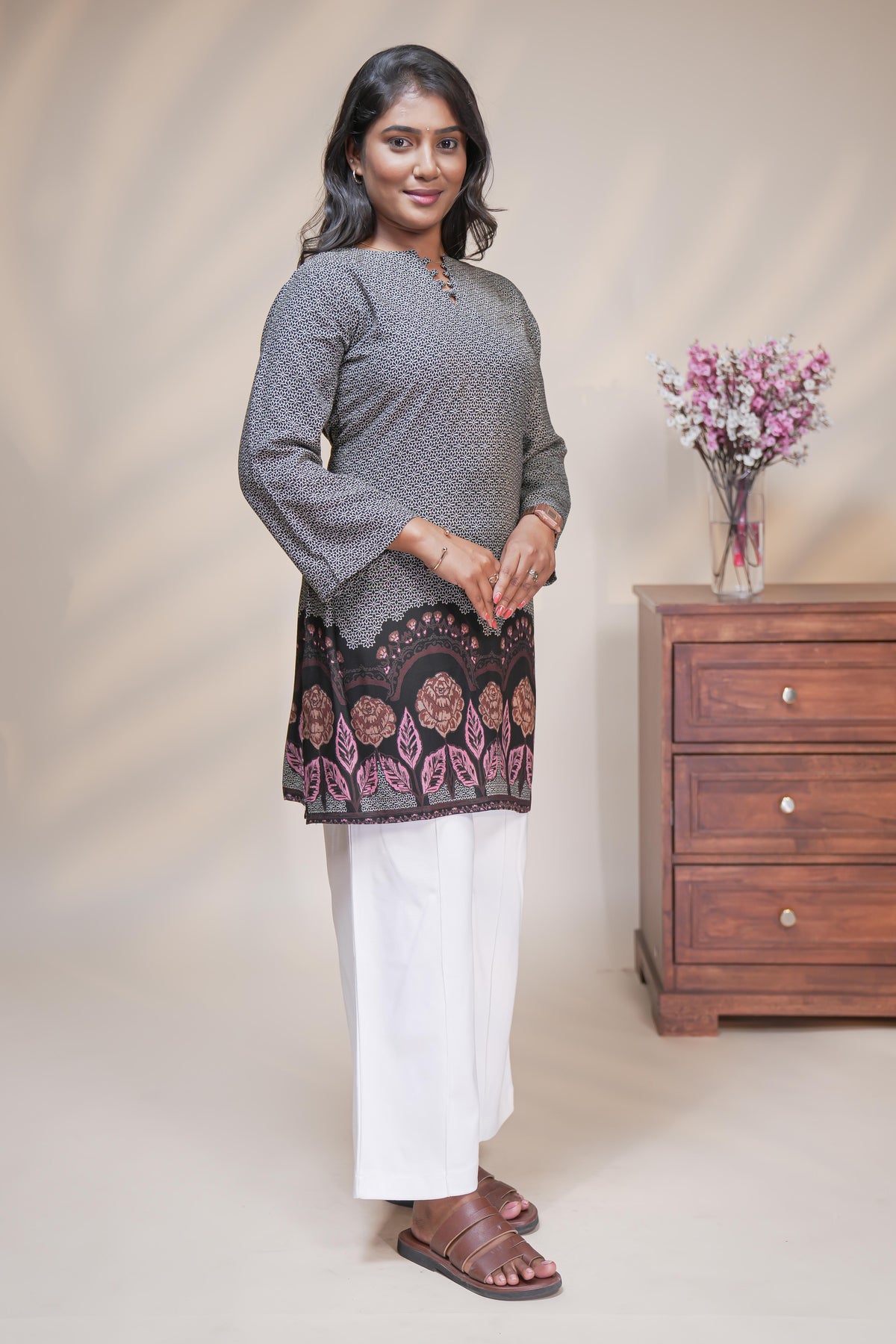 Black floral Printed Short Kurti with Notched round neckline and 3/4 sleeves