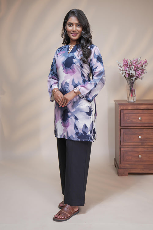 Multi color floral Printed Short Kurti with Notched round neckline and full sleeves