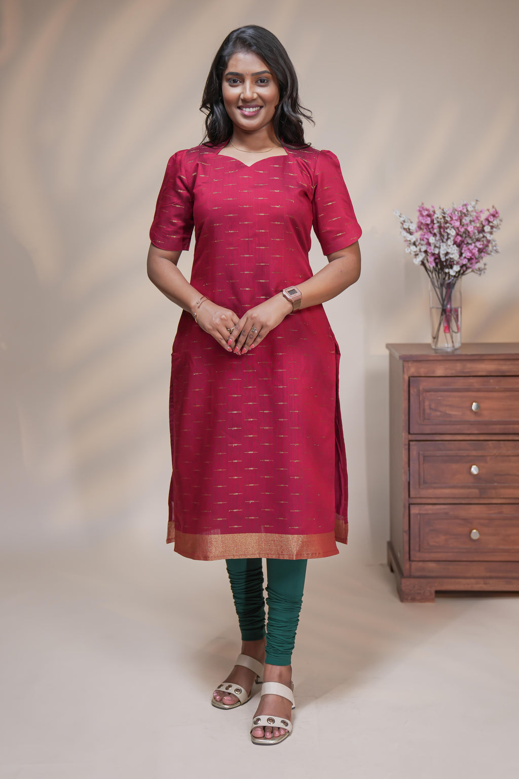 Red cotton straight kurti motifs design with half slevee and sweatheart neck