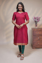 Red cotton straight kurti motifs design with half slevee and sweatheart neck