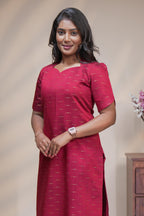 Red cotton straight kurti motifs design with half slevee and sweatheart neck