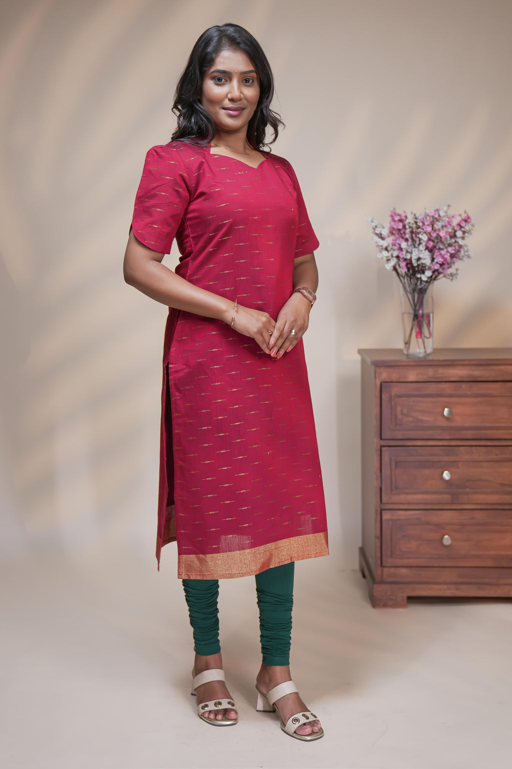 Red cotton straight kurti motifs design with half slevee and sweatheart neck