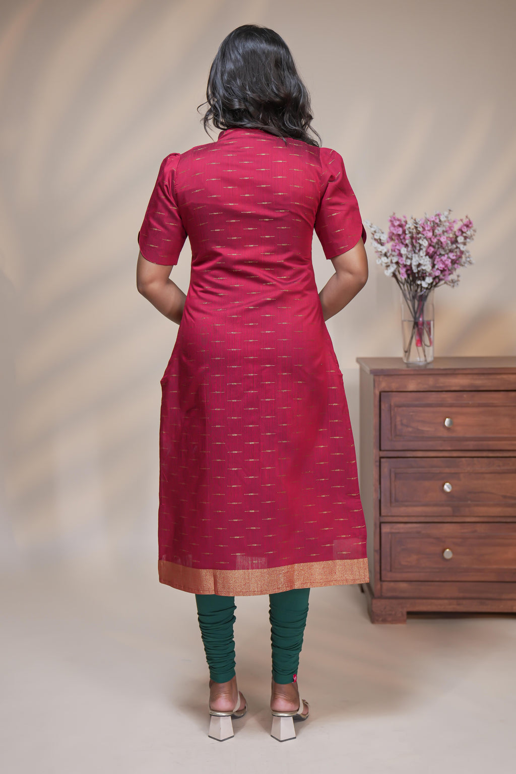 Red cotton straight kurti motifs design with half slevee and sweatheart neck
