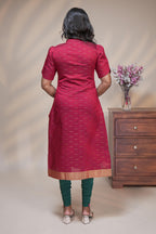 Red cotton straight kurti motifs design with half slevee and sweatheart neck
